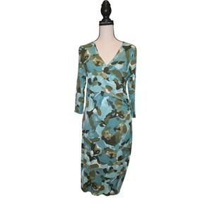 Blue Green Abstract Camo Faux Wrap Midi Dress Long Sleeve Ruched V-Neck Slim Fit